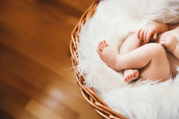 Pequeños pies de bebé durmiendo en canasta de mimbre . —  Fotos de Stock