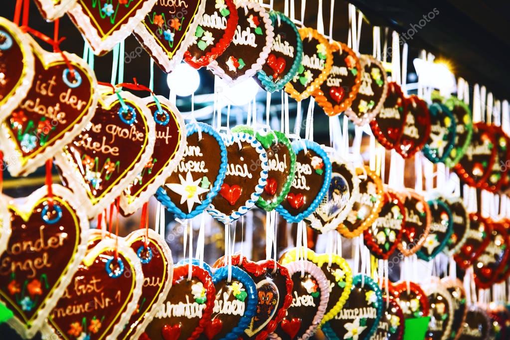 Background with gingerbreads at the Christmas market 