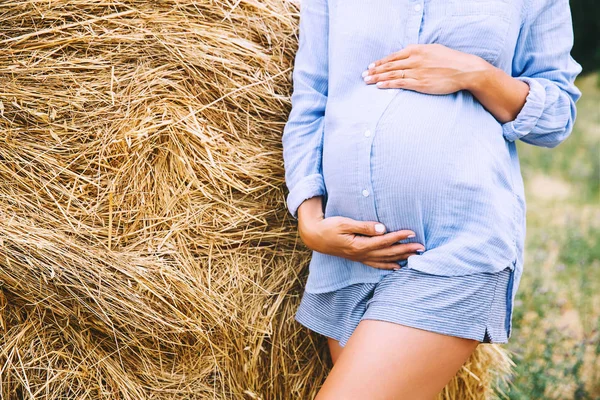 Femme enceinte tient la main sur le ventre sur fond de nature — Photo