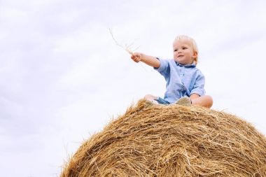 Haystacks buğday alanında oturup şirin yürümeye başlayan çocuk. Yaz günü açık havada doğa, mutlu bir çocuk. Aile, çocukluk arka plan.