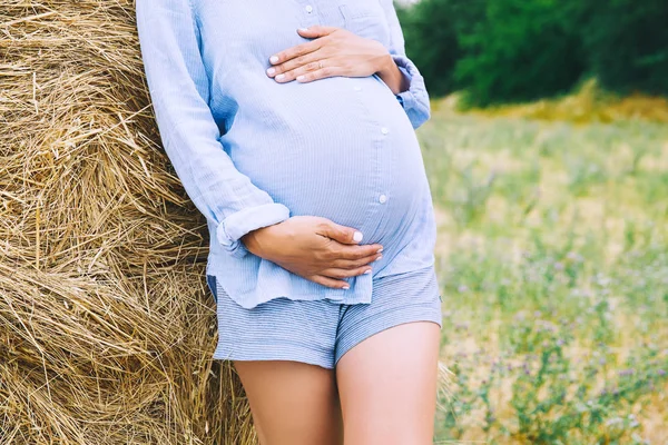自然で妊娠中の腹の写真 妊娠中の女性は 夏の日で干し草の山と麦畑の自然な背景の腹に手を保持します 出産の概念 クローズ アップ — ストック写真