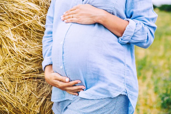 怀孕的腹部照片在自然 孕产妇在干草的自然背景下 在夏季的时候手牵着肚子 怀孕的概念 — 图库照片