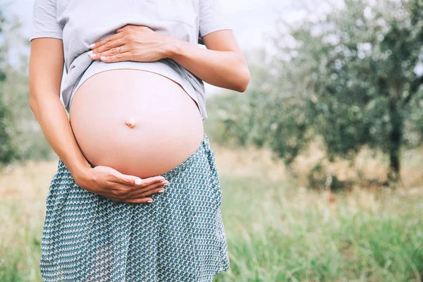 Zbliżenie Ciąży Brzuch Przyrodzie Zewnątrz Kopiować Miejsca Ciąży Kobieta Trzyma — Zdjęcie stockowe