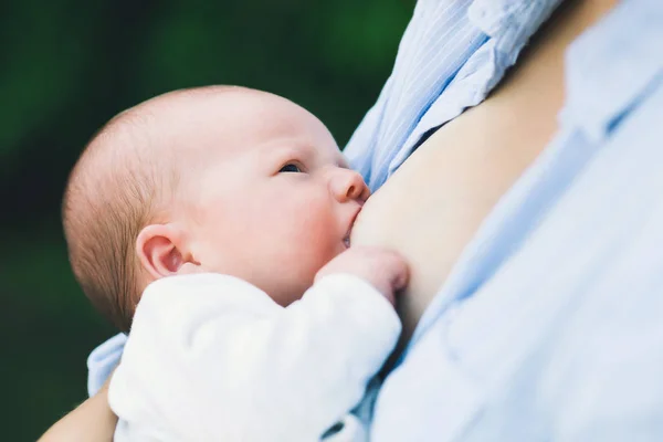 Mother breastfeeding newborn baby child on nature