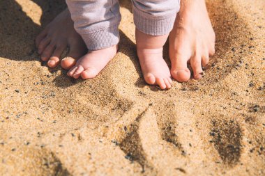 Mother and little baby feet on beach sand.  clipart