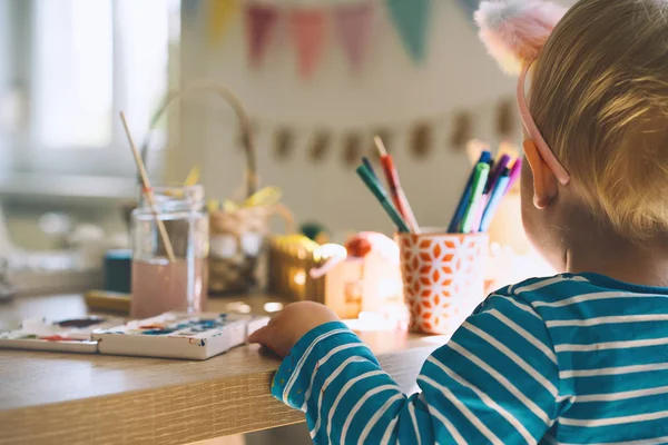 Easter Morning Little Children Painting Eggs Family Preparing Easter Paints — Stock Photo, Image