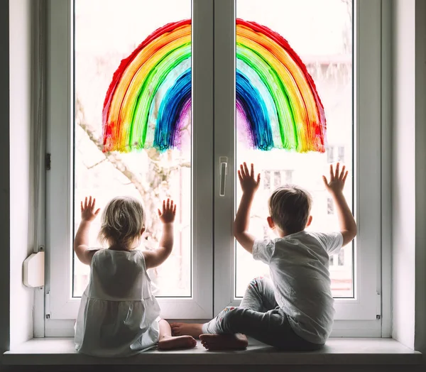 Little Children Background Painting Rainbow Window Photo Kids Leisure Home — Stock Photo, Image