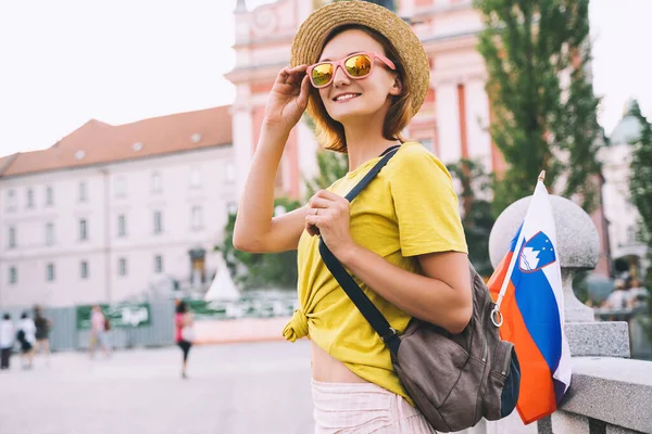 Young Smiling Girl Sunglasses Slovenian Flag Central Square Ljubljana Woman — Stock Photo, Image