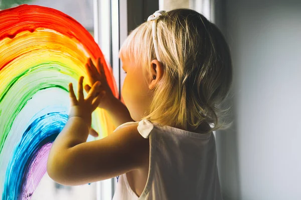 Little Girl Hands Touch Painting Rainbow Window Child Art Creative — Stock Photo, Image