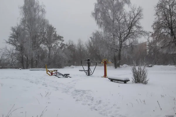 Ein Spielplatz Einem Nebligen Wintertag — Stockfoto