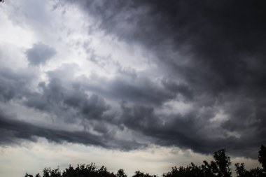 Fırtına yaklaşıyordu. Ağaçların üzerinde gri bir gökyüzü. İnanılmaz bulut manzarası. Bulutlar arka planda. Doğa bulutları boyuyor.