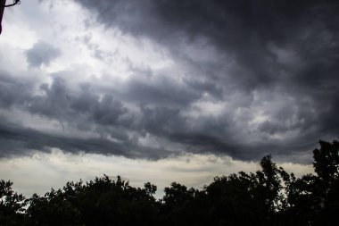 Fırtına yaklaşıyordu. Ağaçların üzerinde gri bir gökyüzü. İnanılmaz bulut manzarası. Bulutlar arka planda. Doğa bulutları boyuyor.