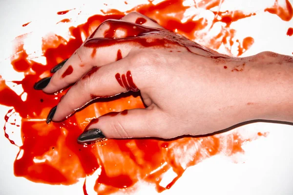 Female Hand Blood Black Manicure Blood Terrible Bloody Background — Stock Photo, Image