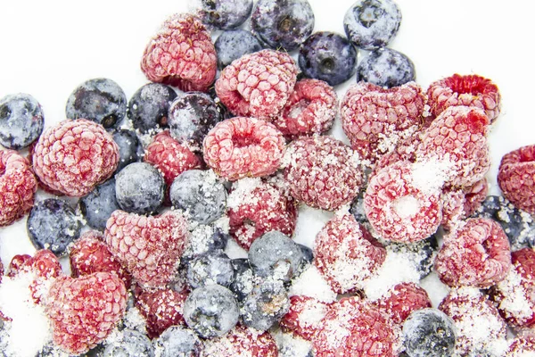 Berry Mix Sugar Frozen Raspberries Blueberries Frozen Berries Sugar Sweet — Stock Photo, Image
