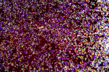 Işıltılı ve parıltılı soyut bir arka plan. Kırmızı sıvıda bir parıltı. Arkaplanda renkli simler.