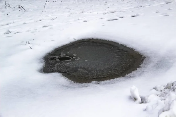 Puddle Ledem Sněhu Zimě Louže Proti Sněhu Pozadí — Stock fotografie