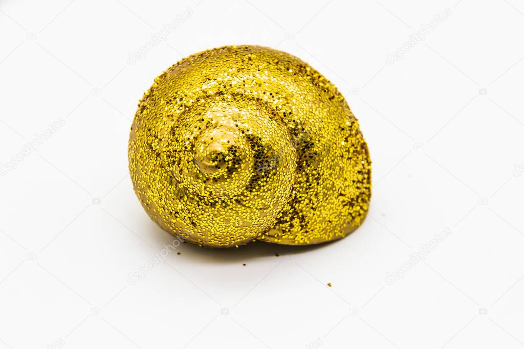 Empty shell of a snail in the gold glitter against white background. Snail shell paint in gold color isolated on white background. Beautiful concept for design with gold glitter