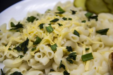 Üstünde peynir ve yeşil soğan olan bir tabakta makarna. Izgaradan tavuk sosisi ve kavanozdan dilimlenmiş salatalıkla yüksek kaliteli undan yapılmış lezzetli bir makarna. Peynir, maydanoz, sosis, soğan ve sosla pişirilmiş un boynuzları.