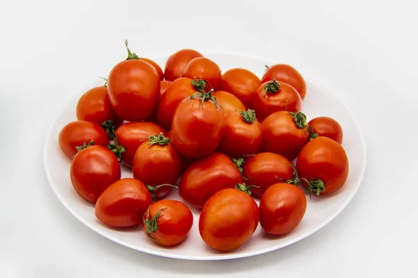 Ripe Fresh Red Cherry Tomatoes White Plate White Background Beautiful — Stock Photo, Image