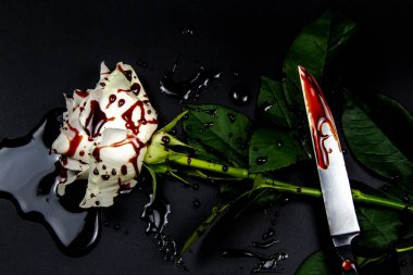 Güzel ve kanlı beyaz bir gül. Arka planda bıçak var. Kanlı gül - kavramsal fotoğraf. Bıçak ve kanla beyaz gül.