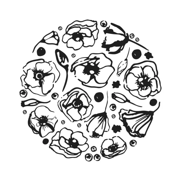 Vektor schwarz-weiß kreisförmiges Blumenkonzept mit weißem Hintergrund. handgezeichnet in Tusche. Design Hochzeitseinladung, Umschläge, Grußkartenvorlage. — Stockvektor