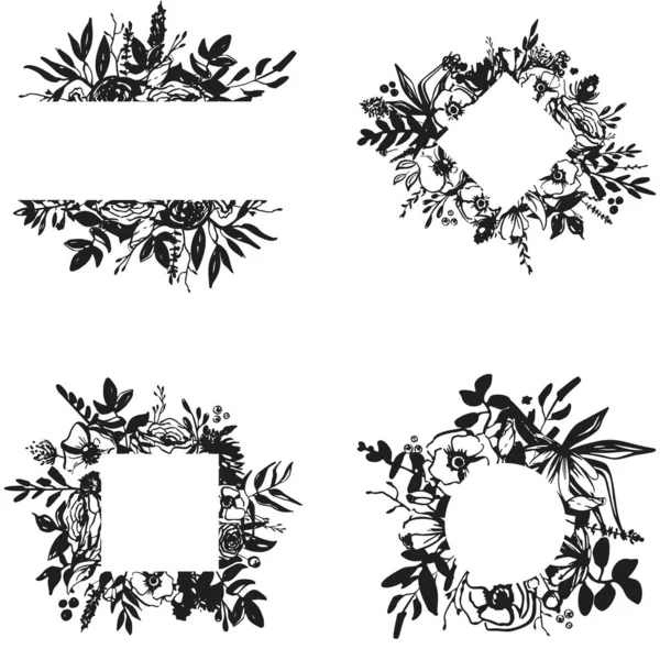 Vector zwart-wit bloemkader met witte achtergrond. Met de hand getekend. Design bruiloft uitnodiging, enveloppen, wenskaart sjabloon. — Stockvector