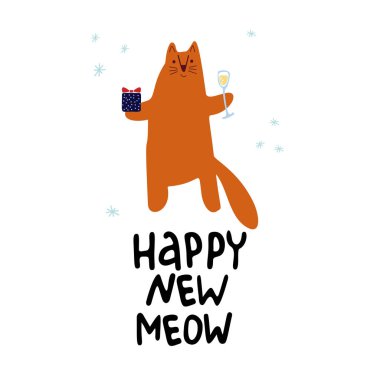 Komik şirin vektör çizimi. Mutlu yeni miyav harfleri. Kırmızı. 