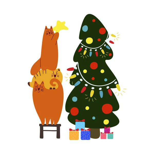 Весела мила новорічна векторна ілюстрація. Червоні коти — стоковий вектор
