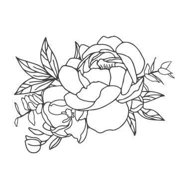 Beyaz dolgulu siyah beyaz zarif bir düzenleme. Elle çizilmiş büyük çiçekler. Tasarım davetiyesi, zarflar, tebrik kartı şablonu. Vektör illüstrasyonu