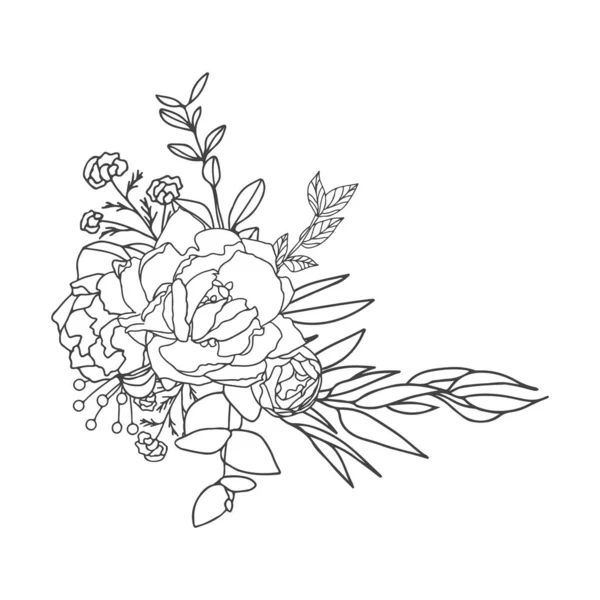 Elegante Arreglo Blanco Negro Con Relleno Blanco Flores Grandes Dibujadas — Vector de stock