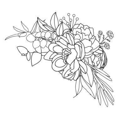 Beyaz dolgulu siyah beyaz zarif bir düzenleme. Elle çizilmiş büyük çiçekler. Tasarım davetiyesi, zarflar, tebrik kartı şablonu. Vektör illüstrasyonu