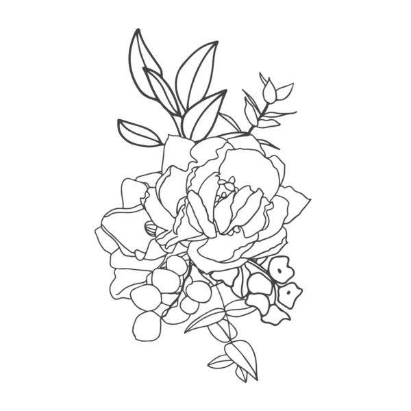 Elegante Arreglo Blanco Negro Con Relleno Blanco Flores Grandes Dibujadas — Vector de stock