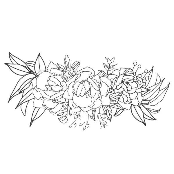 Elegante Arreglo Blanco Negro Con Relleno Blanco Flores Grandes Dibujadas — Vector de stock