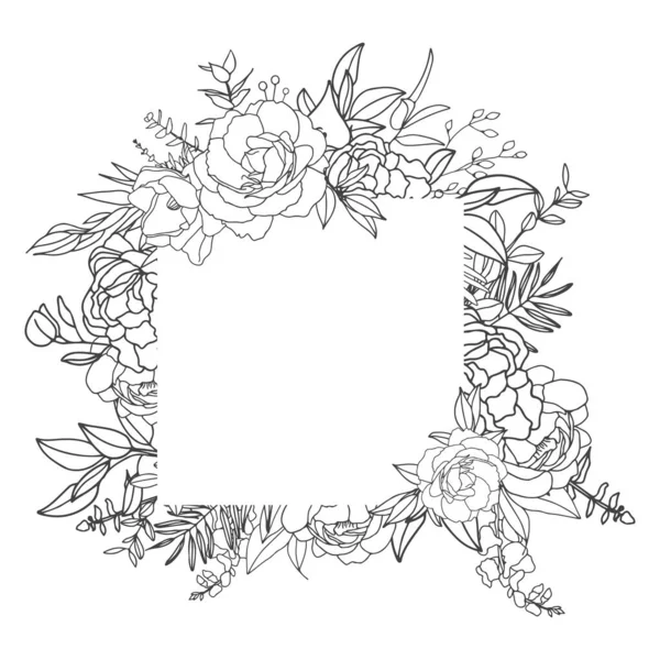 Elegáns Finom Virágkeret Fekete Fehér Lineáris Kézrajz Dekoráció Esküvői Meghívó — Stock Vector
