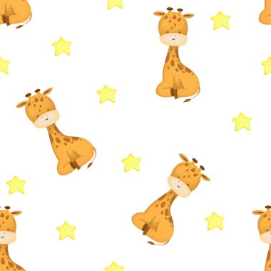 Beyaz bir arka planda sevimli, çocuksu, kusursuz bir desen. Güzel zürafalar ve yıldızlar. Çocuk tekstili, giysi ve bebekler için eşyalar. Doğum günü ya da bebek partisi için şablon davetiyesi. Çocuklar resimleme yazdırır