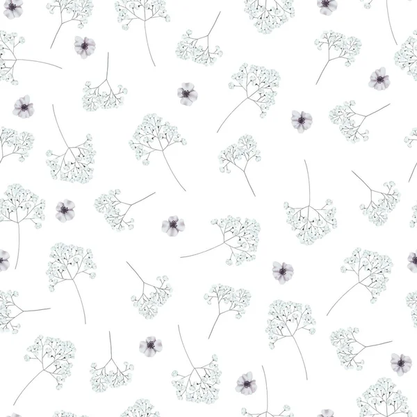 Floral seamless pattern on a white background on a white background. Delicate white flowers and inflorescences. Print for textiles, clothing and packaging. Raster Botanical Illustration