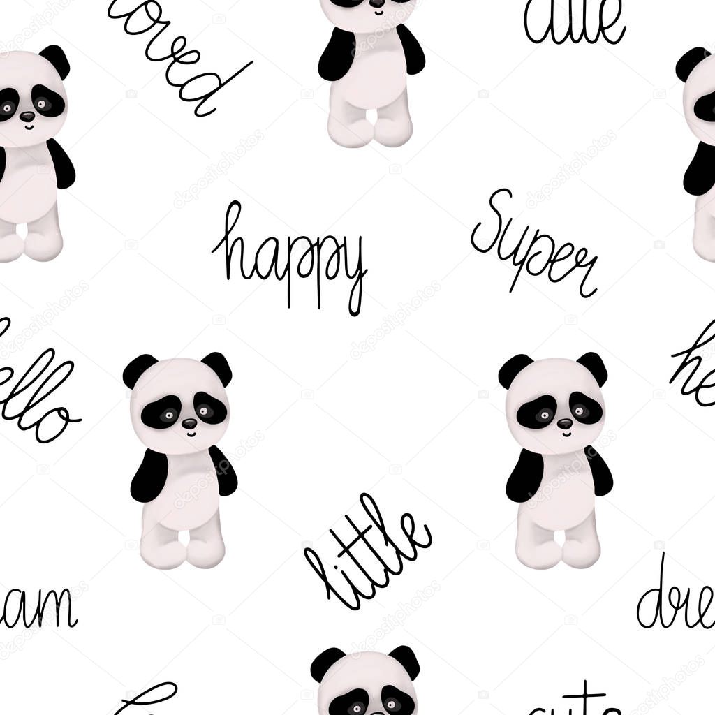 Cute childish seamless pattern on a white background. Gentle pandas and lettering around. Children's textiles, clothing and items for babies. Template invitation for a birthday or baby shower party. Kids print illustration