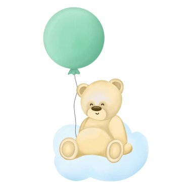 Beyaz bir arka planda sevimli çocuklar çizimi. Bulutta oturan balonlu komik ayı. Çocuk tekstili, giysi ve bebekler için eşyalar. Doğum günü ya da bebek partisi davetiyesi. 
