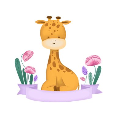 Beyaz bir arka planda sevimli çocuklar çizimi. Komik zürafa. Pembe kurdele ve çiçekler yanında. Çocuk tekstili, giysi ve bebekler için ürünler. Doğum günü ya da bebek partisi davetiyesi