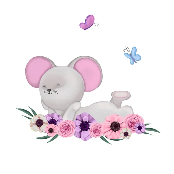 Słodkie Dzieci Ilustracji Białym Tle Mała Myszka Leży Kwiatach Wokół — Zdjęcie stockowe