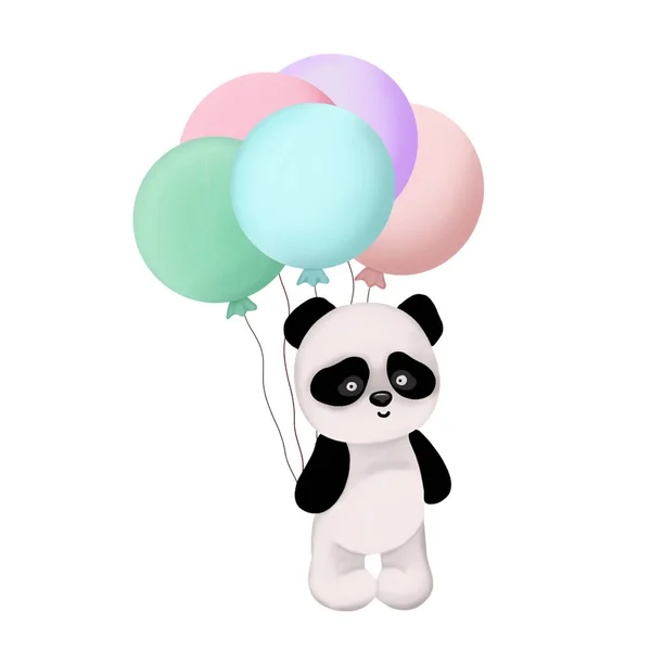 Cute Kids Illustration White Background Little Panda Balloons Invitation Birthday — Stock Photo, Image