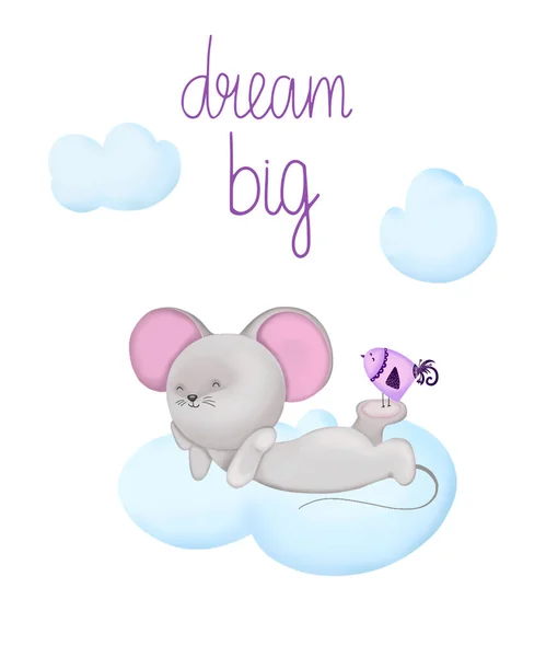 Słodkie Dzieci Ilustracji Białym Tle Śmieszna Mysz Ptak Leżą Chmurze — Zdjęcie stockowe