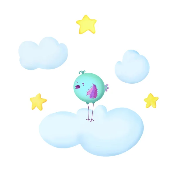 ภาพประกอบเด กบนพ นหล ขาว นกตลกน งอย บนเมฆ อมรอบด วยดวงดาว งทอ — ภาพถ่ายสต็อก