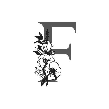 Vektör çiçek alfabesi. F harfinin tasarımı. Düğün davetiyeleri, kartvizitler, çiçekçilerin kartvizitleri. Mürekkep şeklinde büyük narin çiçekler.