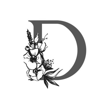 Vektör çiçek alfabesi. D harfinin tasarımı. Düğün davetiyeleri, kartvizitler, çiçekçilerin kartvizitleri. Mürekkep şeklinde büyük narin çiçekler.