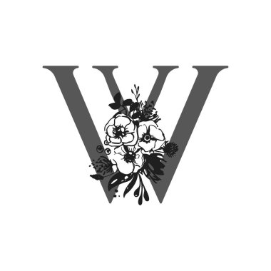 Vektör çiçek alfabesi. W harfinin tasarımı. Düğün davetiyeleri, kartvizitler, çiçekçilerin kartvizitleri. Mürekkep şeklinde büyük narin çiçekler.