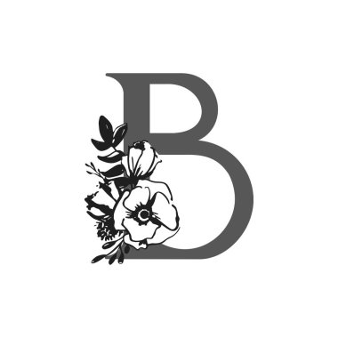 Vektör çiçek alfabesi. B harfinin tasarımı. Düğün davetiyeleri, kartvizitler, çiçekçilerin kartvizitleri. Mürekkep şeklinde büyük narin çiçekler.