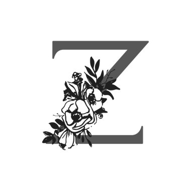 Vektör çiçek alfabesi. Z harfinin dizaynı düğün davetiyeleri, kartvizitler, çiçekçilerin kartvizitleri. Mürekkep şeklinde büyük narin çiçekler.