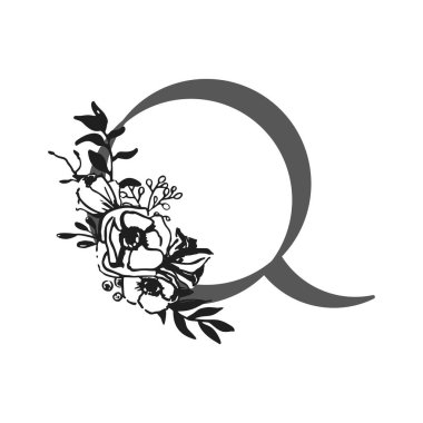 Vektör çiçek alfabesi. Q harfi dekorasyonu düğün davetiyeleri, kartlar, çiçekçilerin kartvizitleri. Mürekkep şeklinde büyük narin çiçekler.