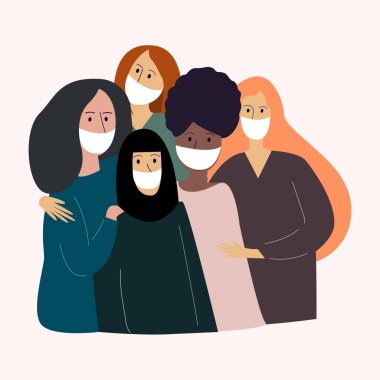 Çok uluslu tıp maskeli güzel kızlar grubu. Öğrenciler, liseli kızlar, iş arkadaşları. Kadın arkadaşlığı, arkadaş canlısı takım. Solunum viral enfeksiyon koruma kavramının düz vektör çizimi.